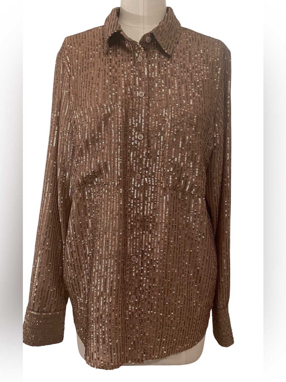 ❤️ NWT! Anthropologie The Remie Bronze Sequin Button Down Blouse XL - Picture 11 of 13